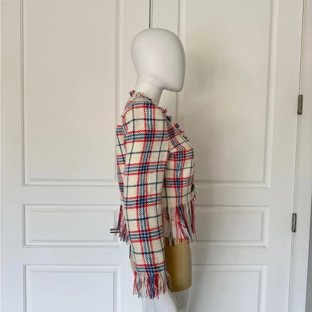 Veronica Beard Marlton White Blue Red Plaid Tweed Fringe Blazer Jacket Size 4 - Picture 14 of 16